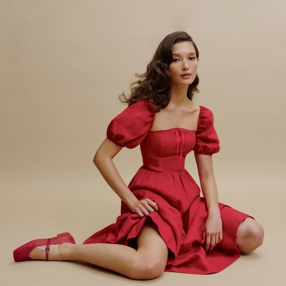 NWOT REFORMATION Marella Linen puff sleeves midi Red Dress - Picture 5 of 8